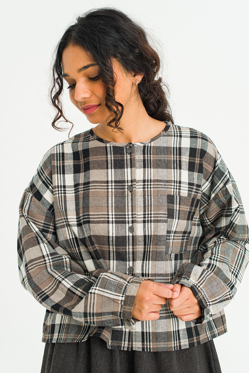 Large Check Over Size Short Shirt, Black