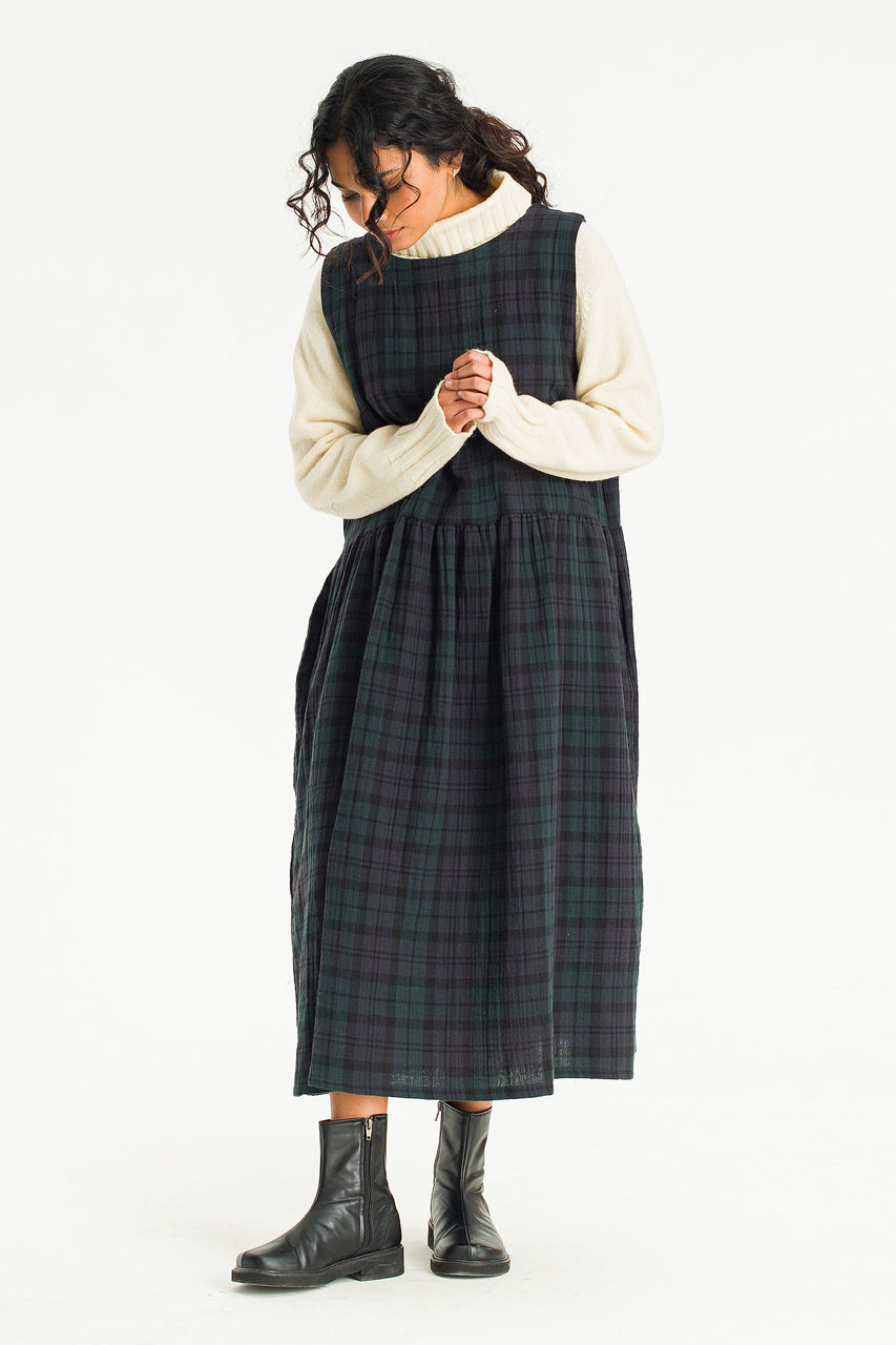 Double Faced Cotton Check Pinafore Dress, Green
