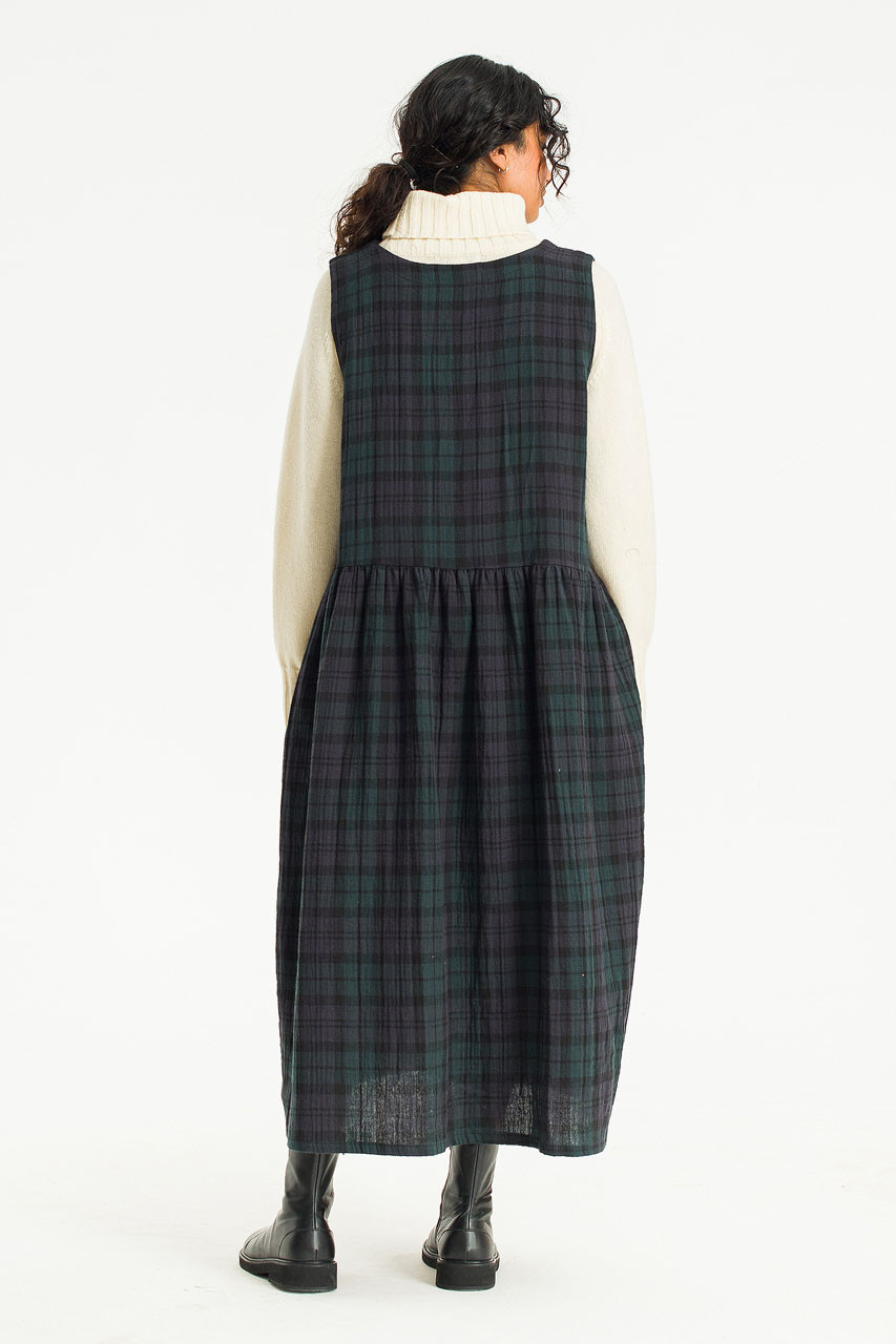 Double Faced Cotton Check Pinafore Dress, Green