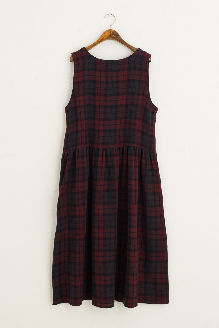 Double Faced Cotton Check Pinafore Dress, Burgundy