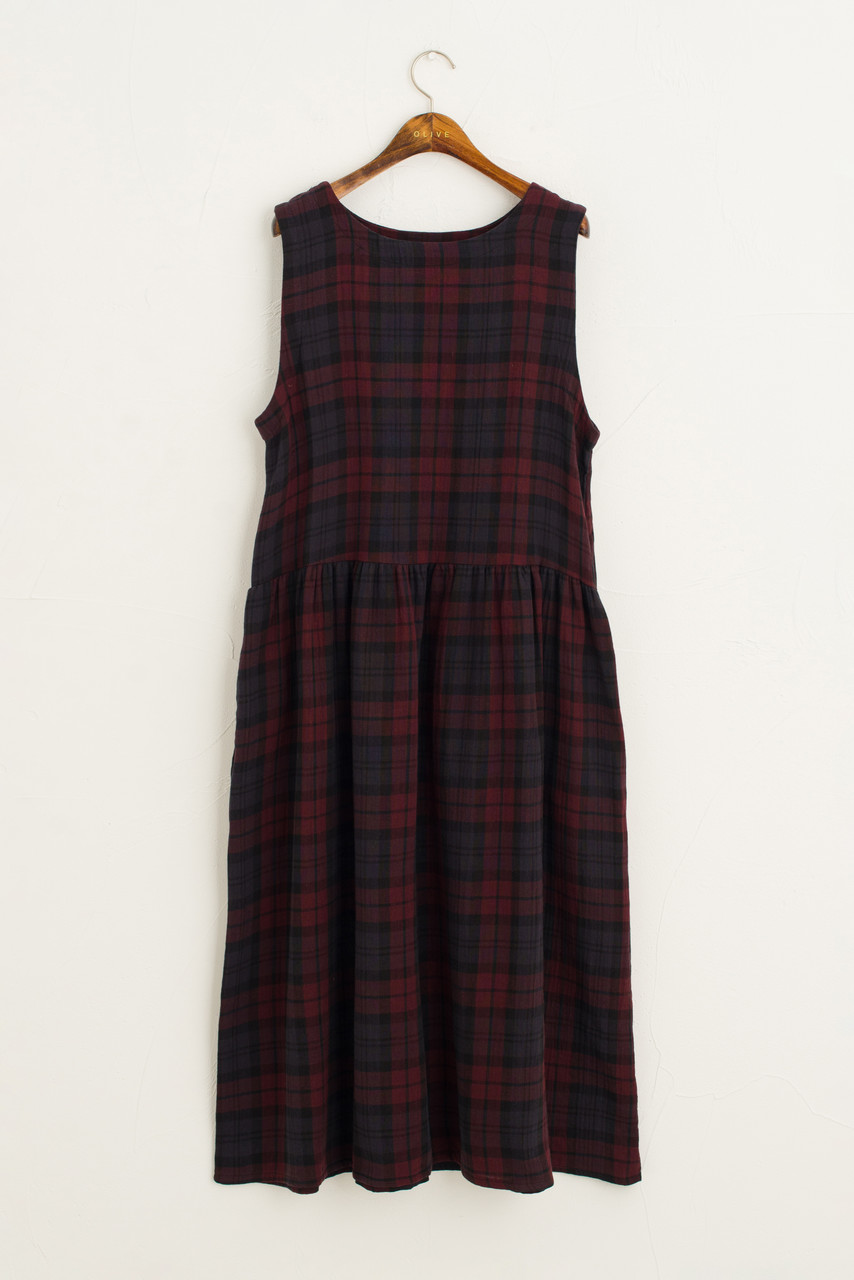 Double Faced Cotton Check Pinafore Dress, Burgundy