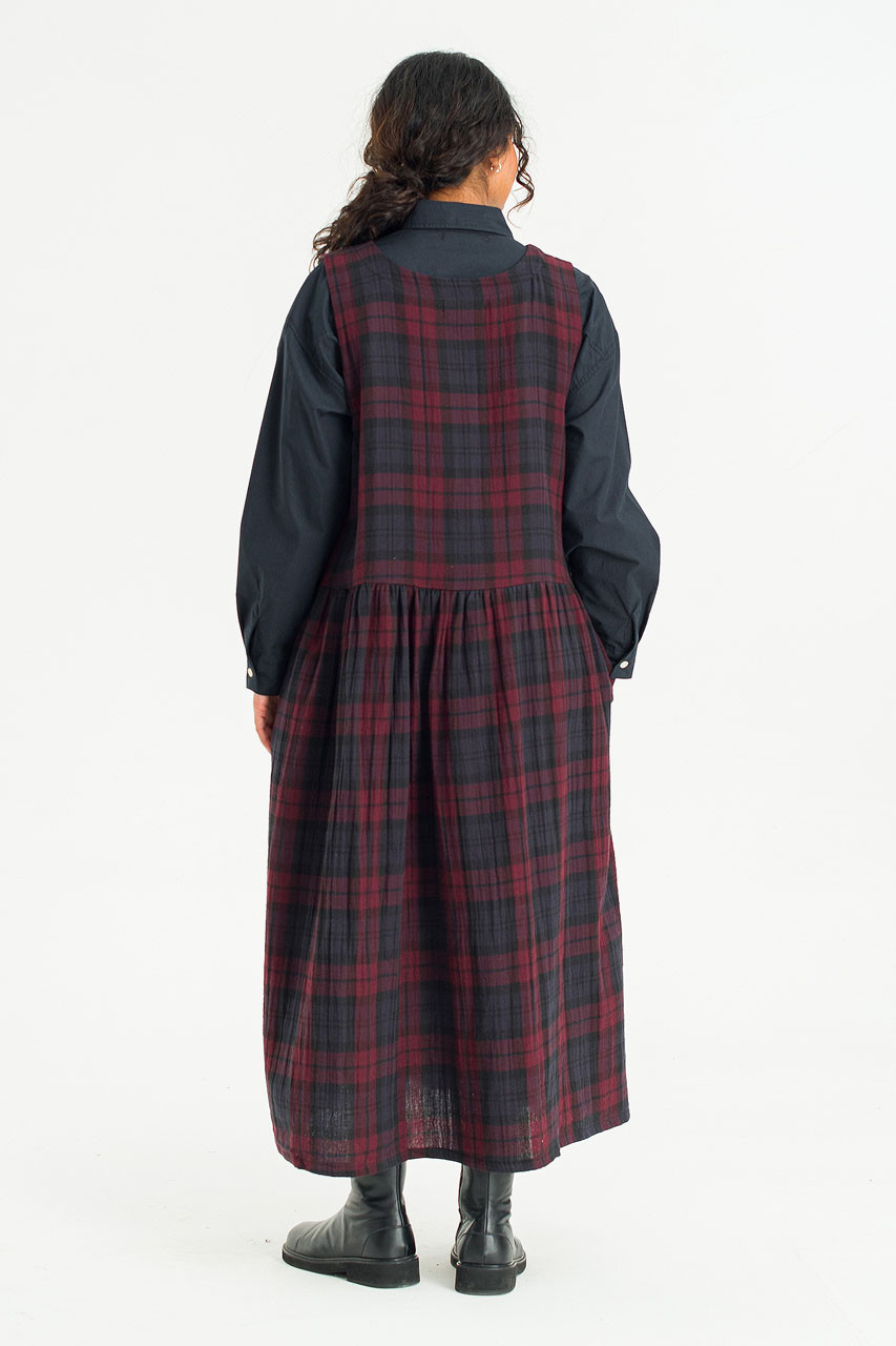 Double Faced Cotton Check Pinafore Dress, Burgundy