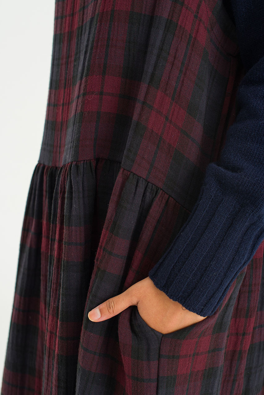 Double Faced Cotton Check Pinafore Dress, Burgundy
