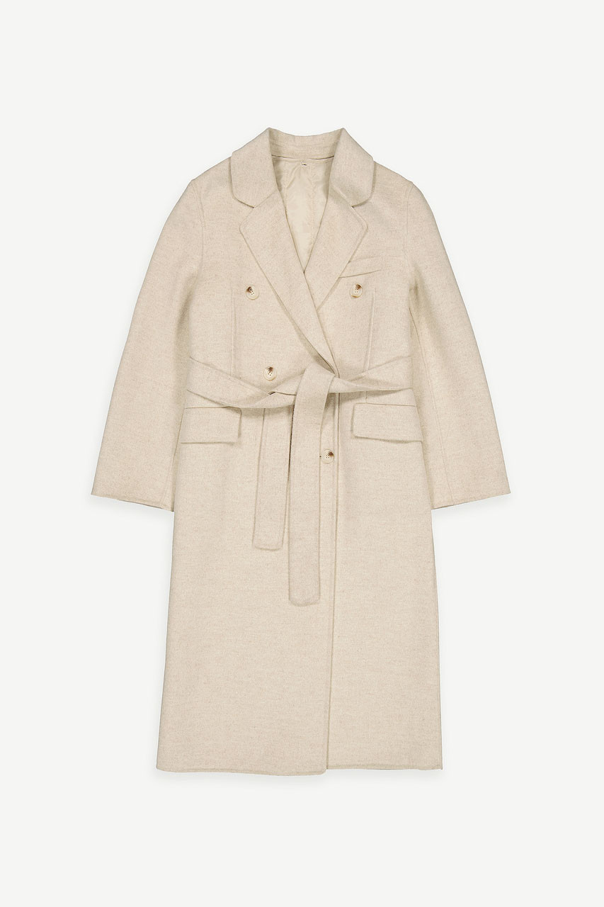 Herringbone Double Button Long Coat, Cream