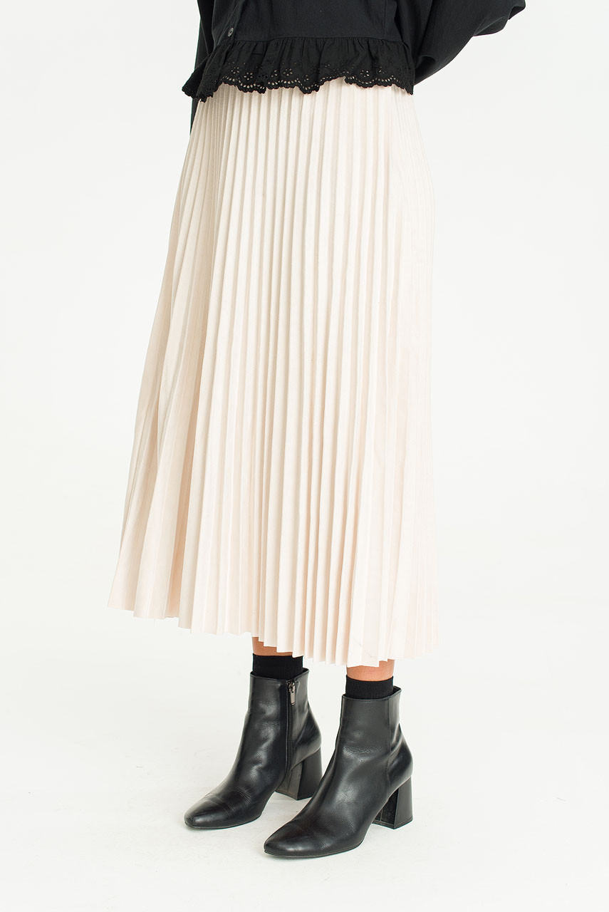 Moa Faux Suede Pleated Skirt, Ivory