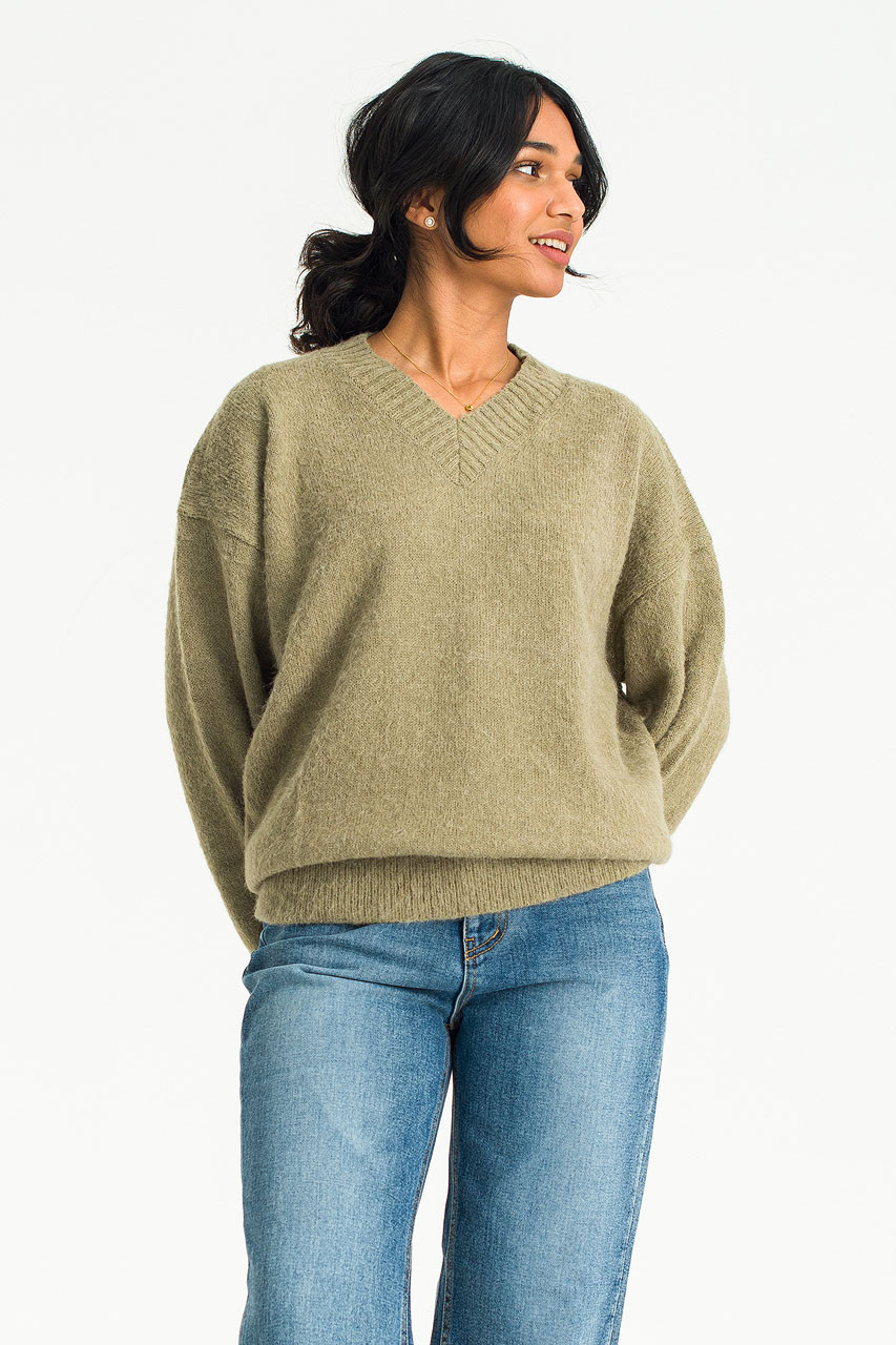Blushed V Neck Jumper, Khaki