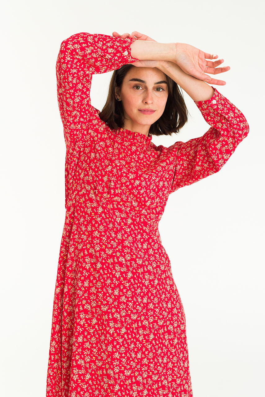 Frill Neck Long Dress, Red