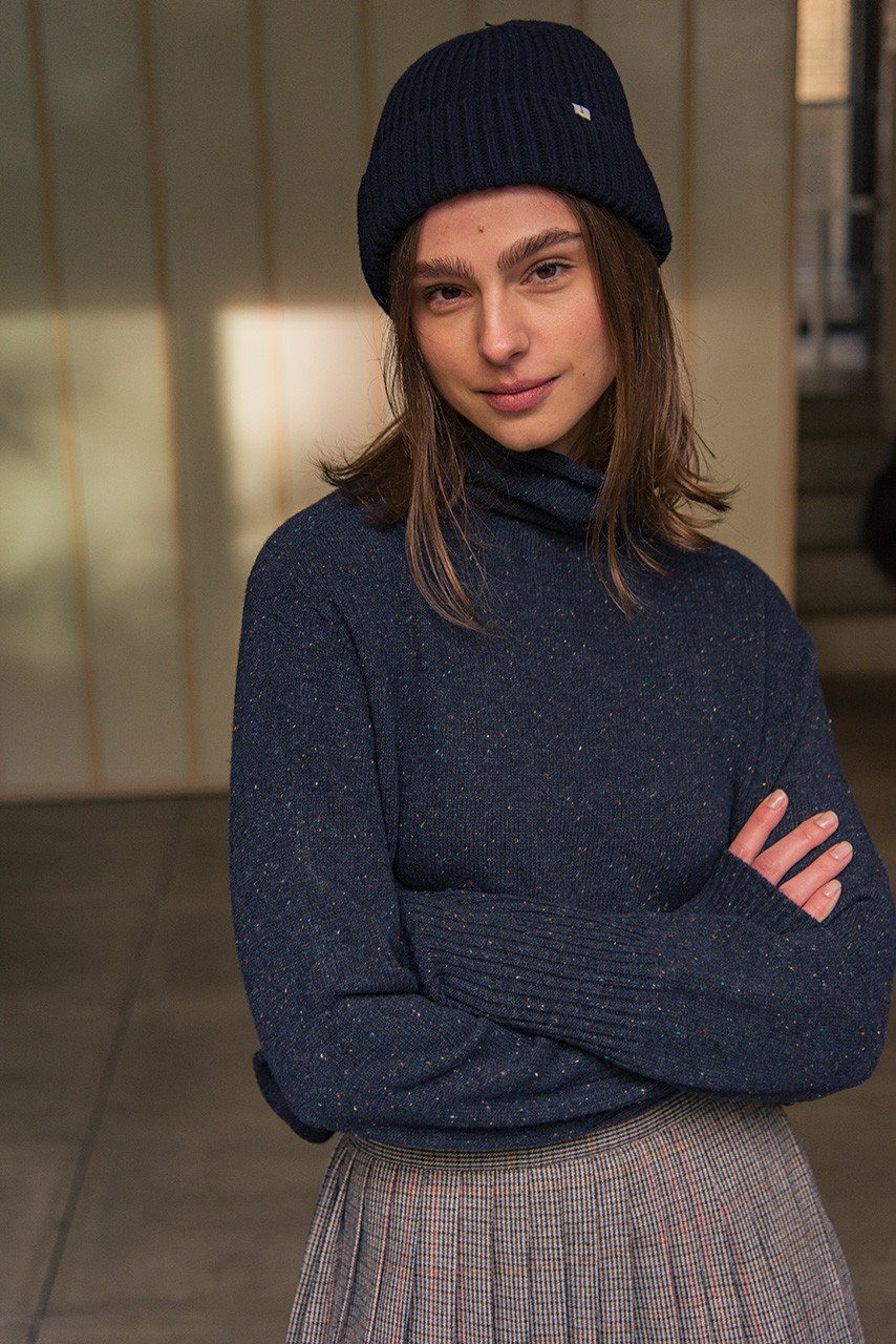 Himari Ribbed Wool Beanie, Navy