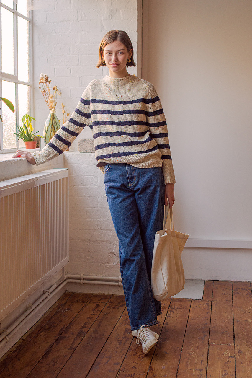Stripe Boucle Boat Neck Jumper, Ivory/Navy