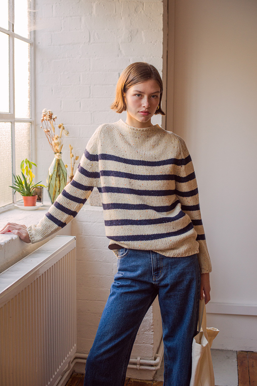 Stripe Boucle Boat Neck Jumper, Ivory/Navy