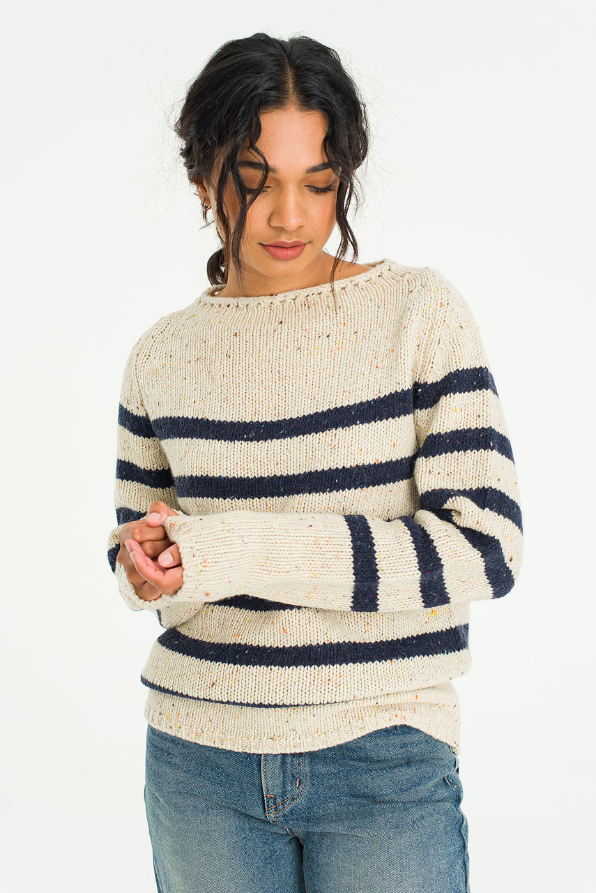 Stripe Boucle Boat Neck Jumper, Ivory/Navy