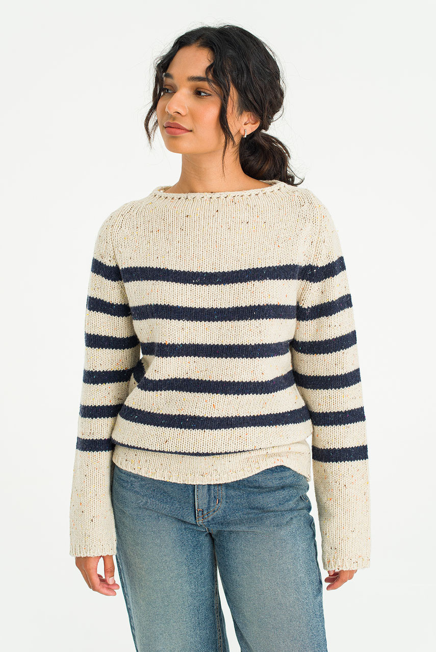 Stripe Boucle Boat Neck Jumper, Ivory/Navy