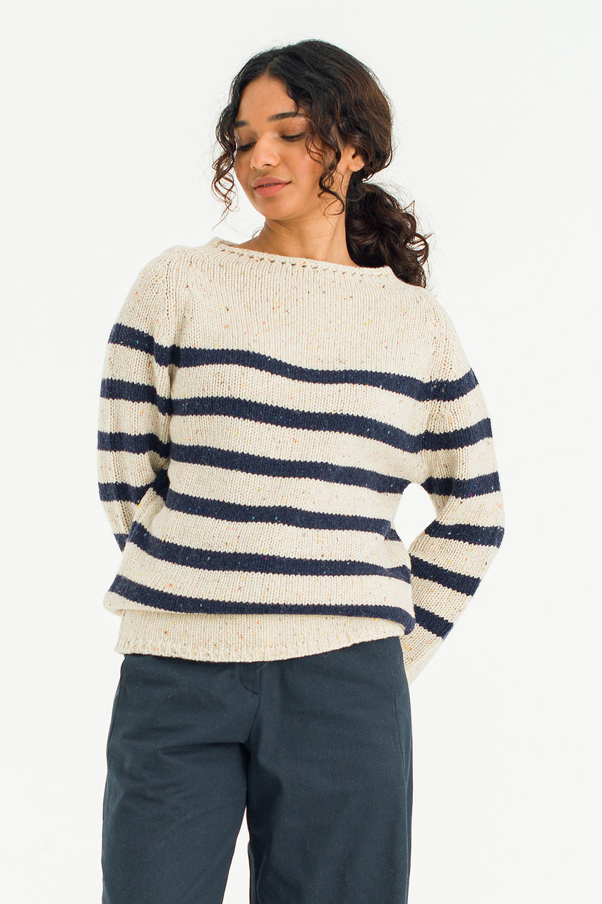Stripe Boucle Boat Neck Jumper, Ivory/Navy