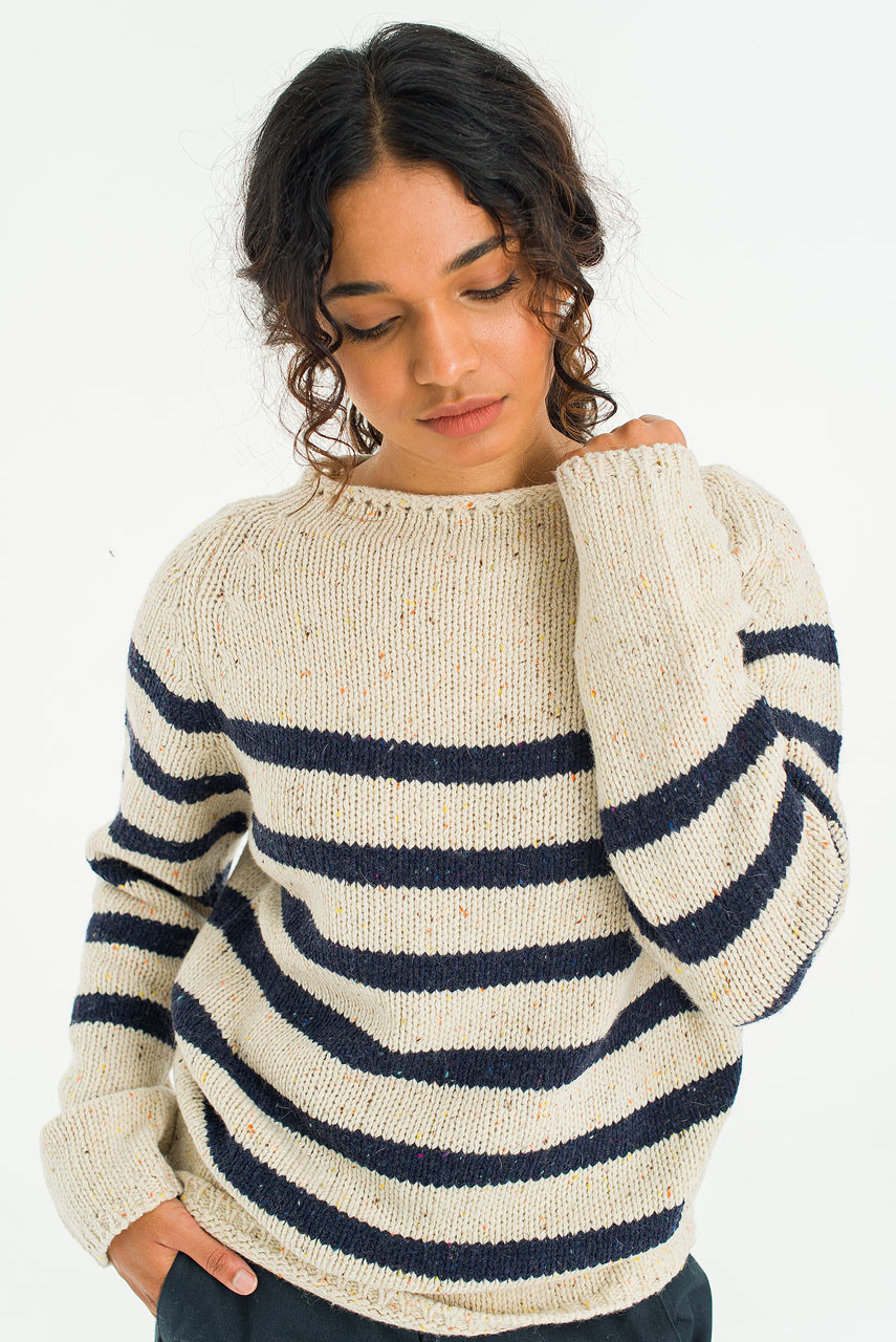 Stripe Boucle Boat Neck Jumper, Ivory/Navy