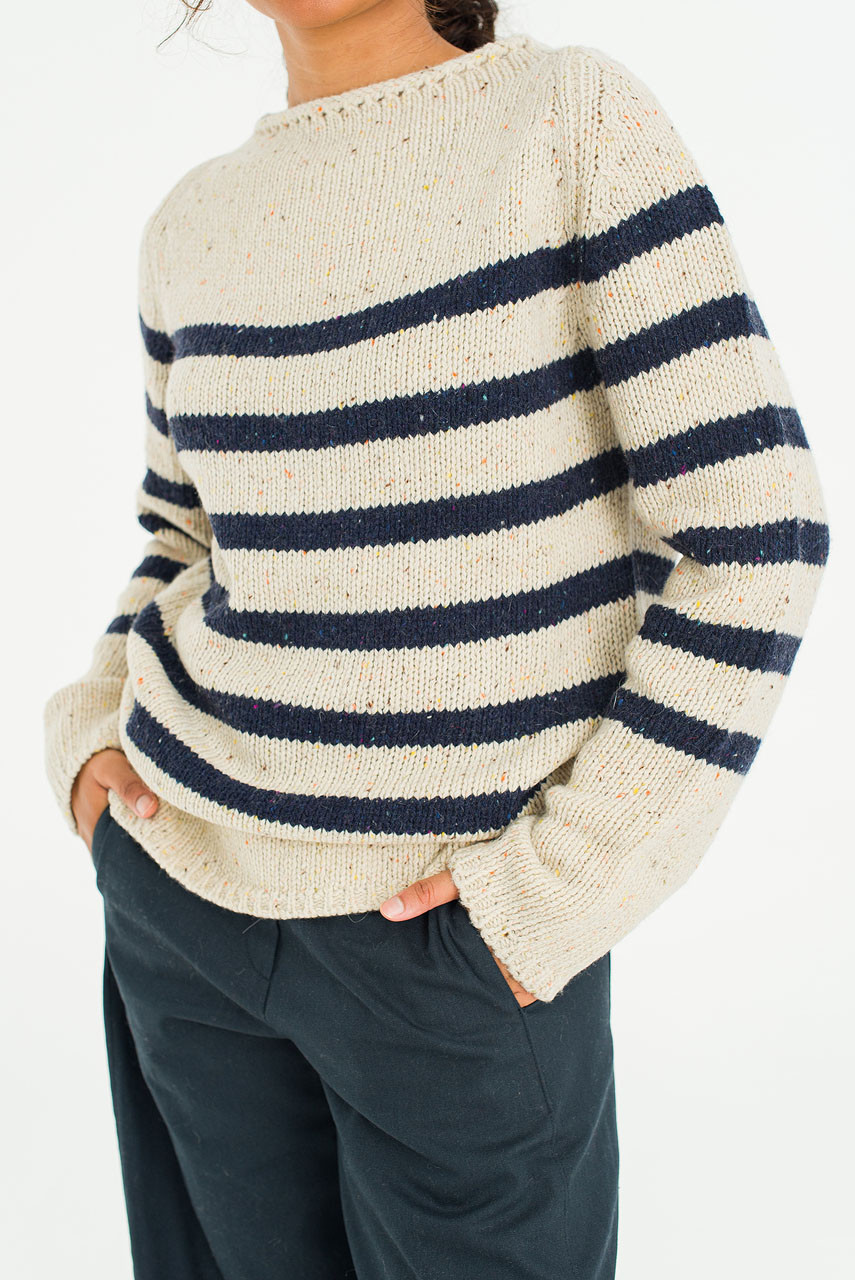 Stripe Boucle Boat Neck Jumper, Ivory/Navy