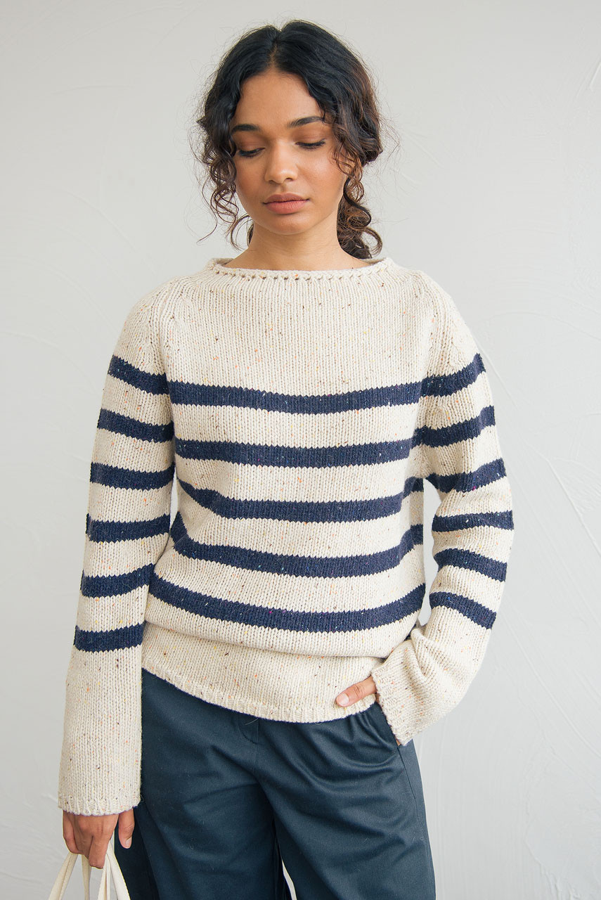 Stripe Boucle Boat Neck Jumper, Ivory/Navy