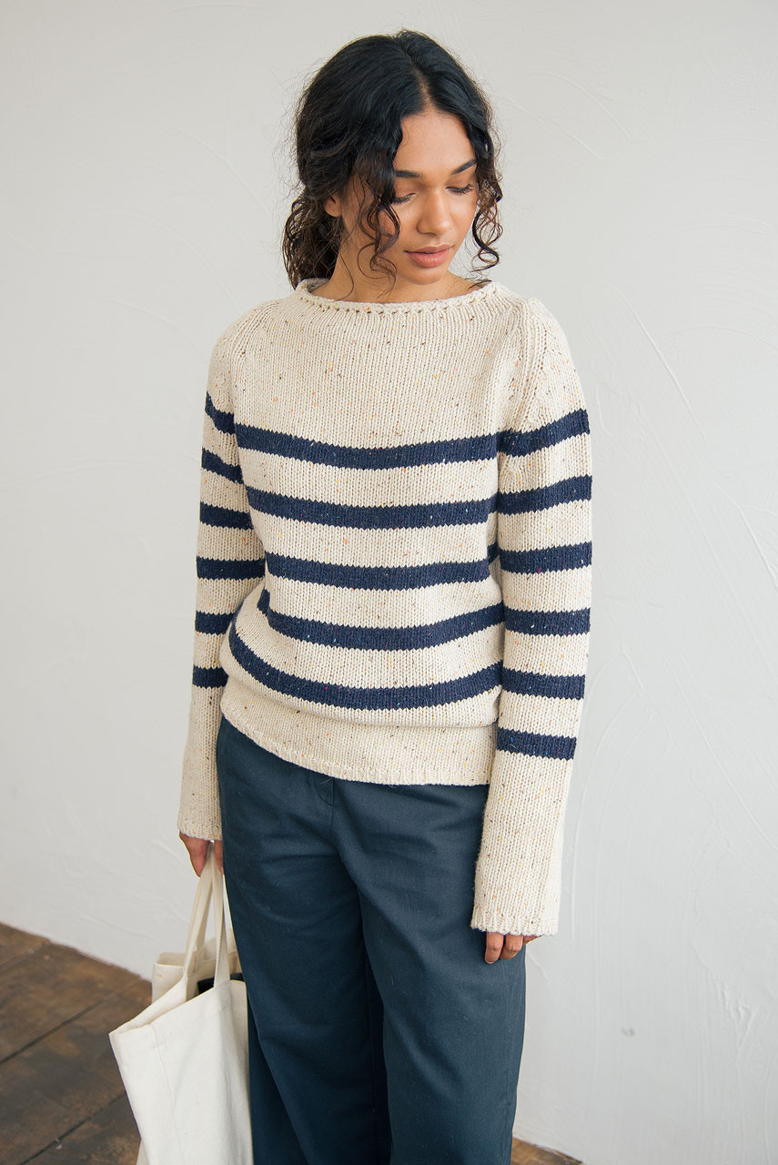 Stripe Boucle Boat Neck Jumper, Ivory/Navy