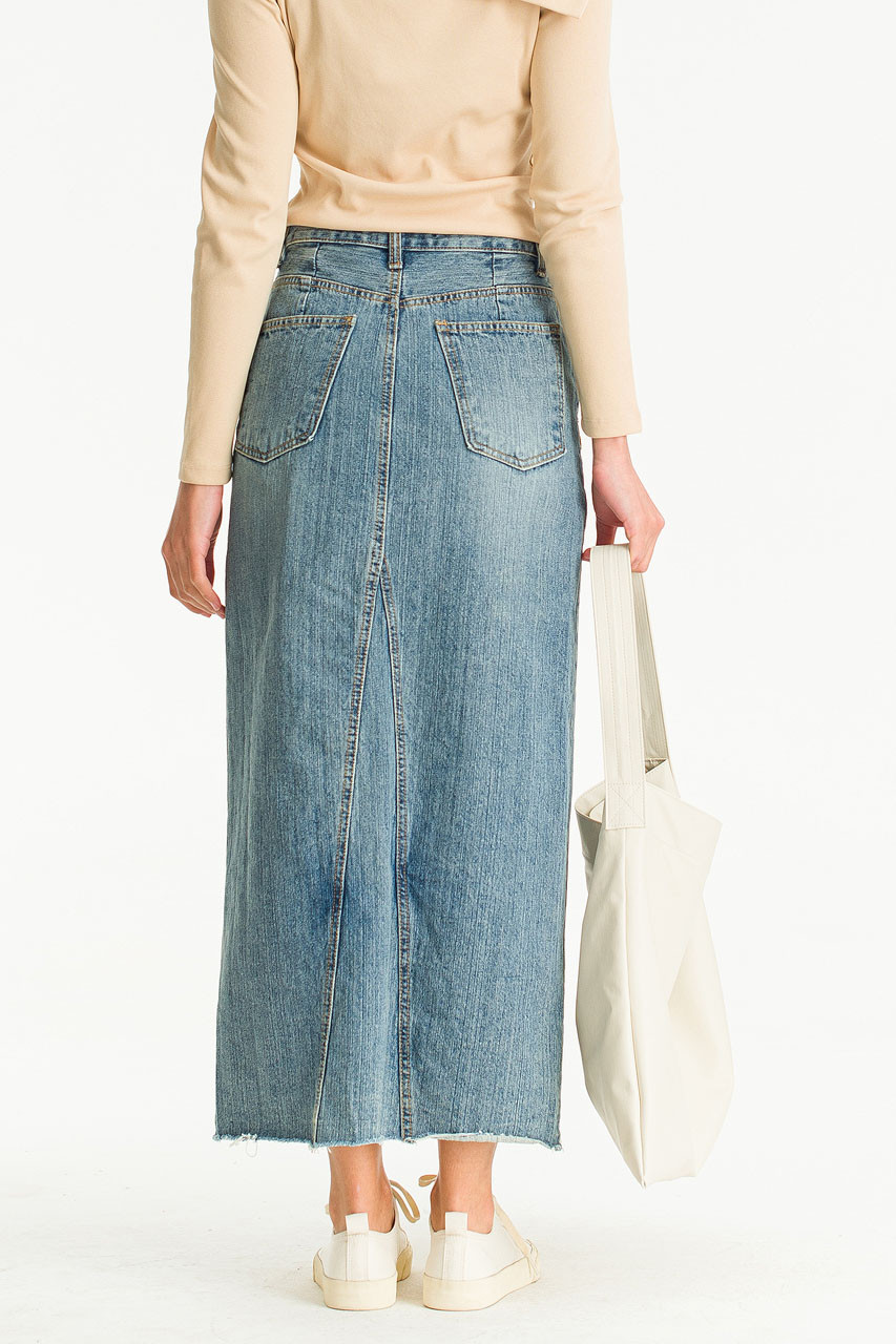 Slit Mid Length Denim Skirt, Blue