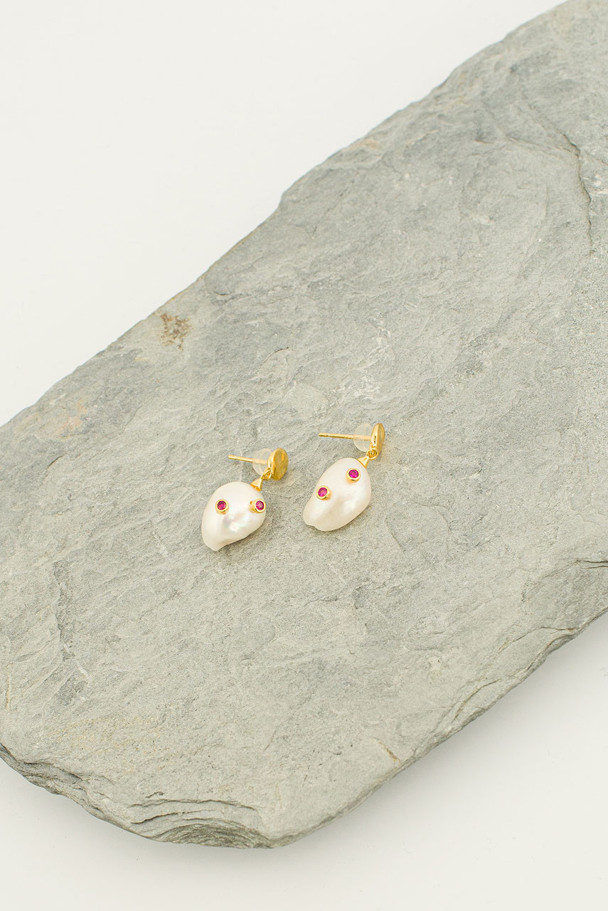 Jacqueline Pearl Drop Ruby Earrings, 14K Gold Plated