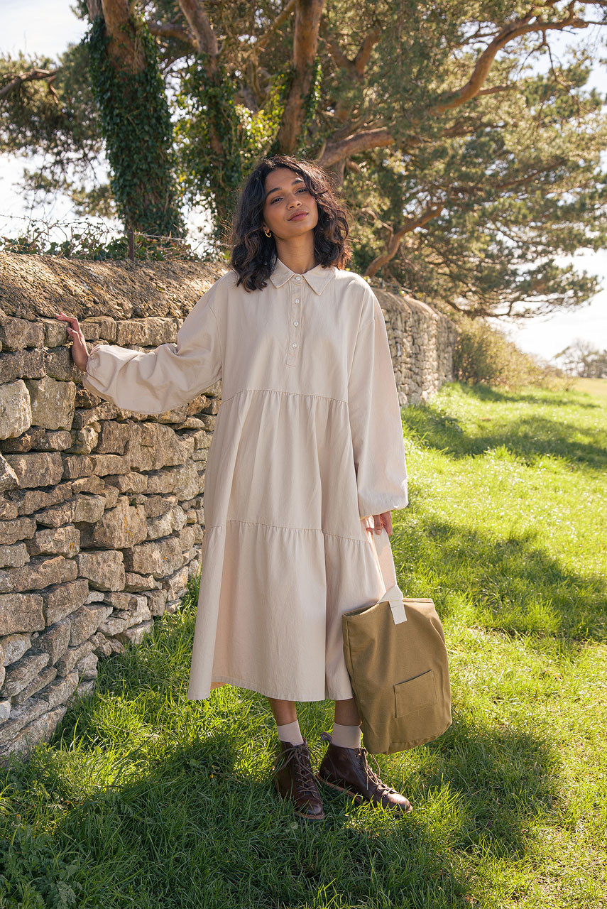 Leon Long Tiered Dress, Beige