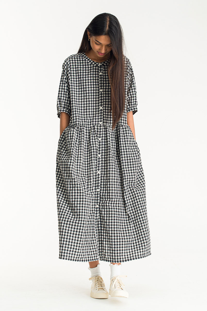 Gingham Babydoll Dress, Black