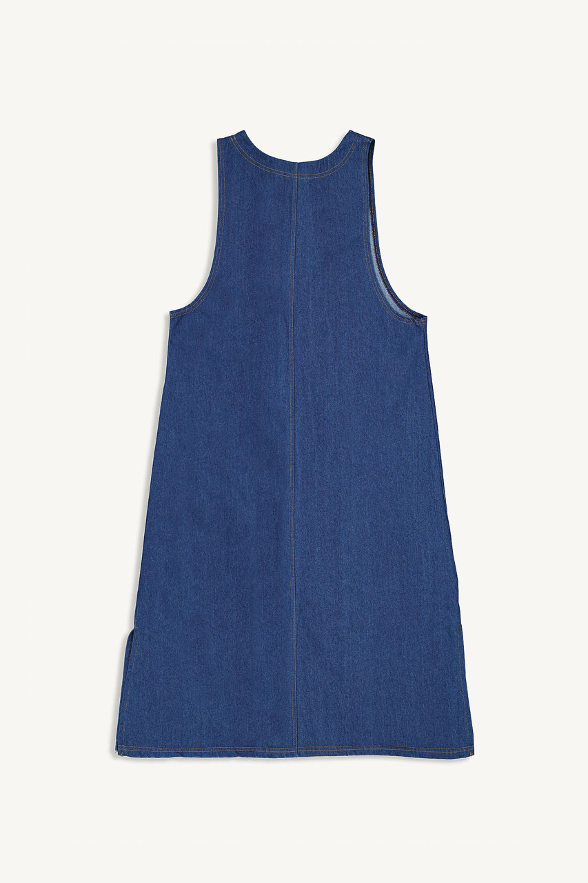 Tomo Denim Apron Dress, Mid Blue