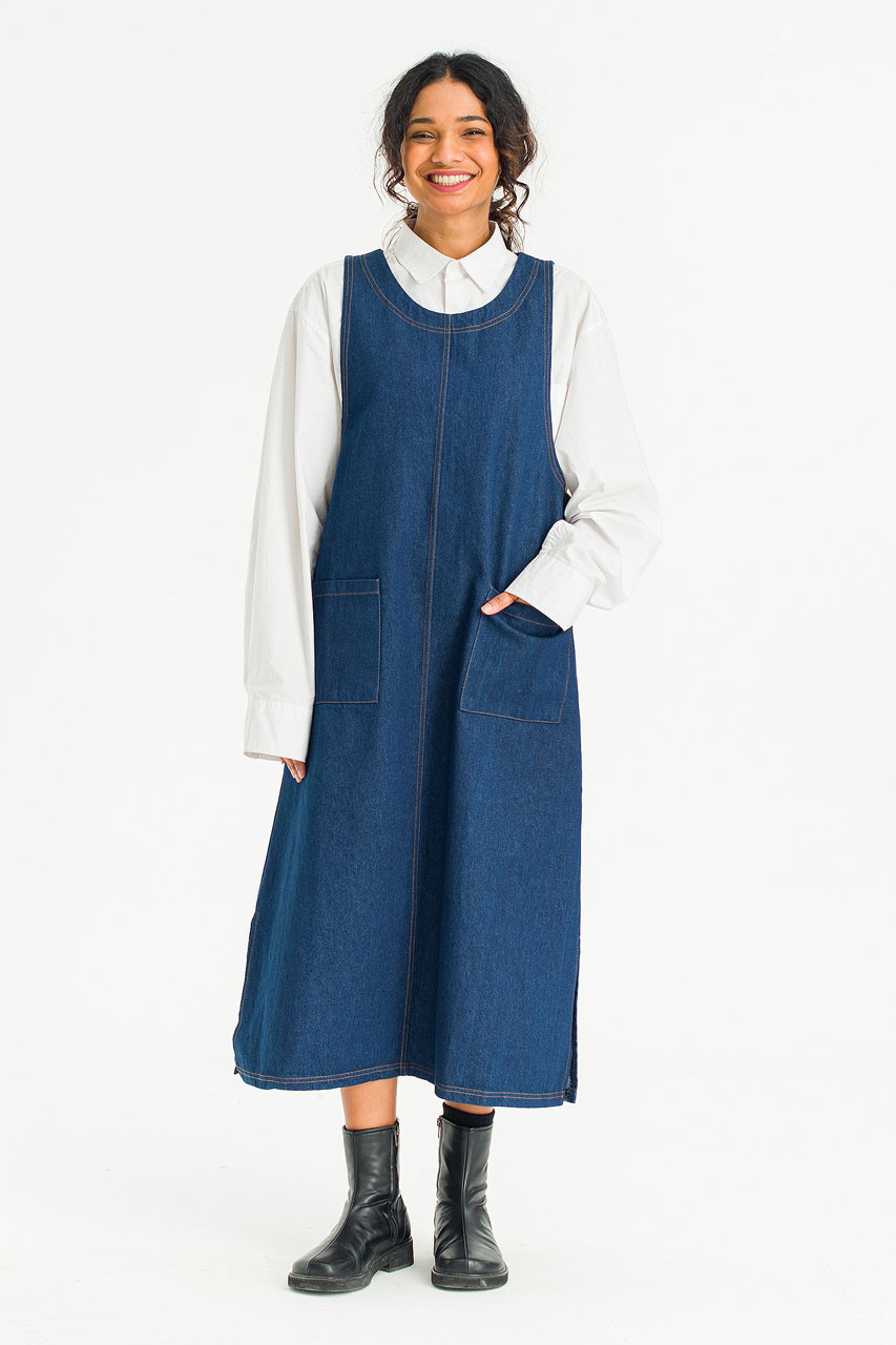 Tomo Denim Apron Dress, Mid Blue