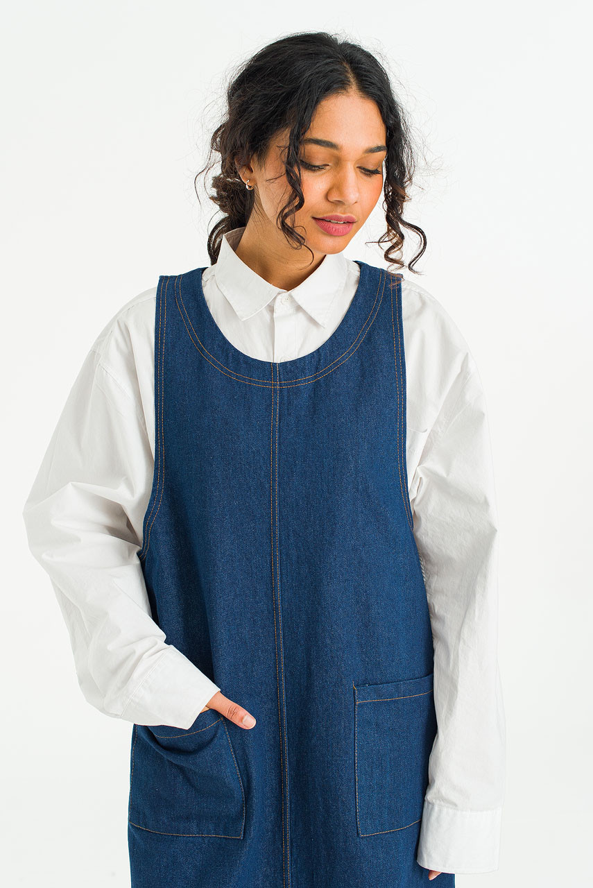 Tomo Denim Apron Dress, Mid Blue