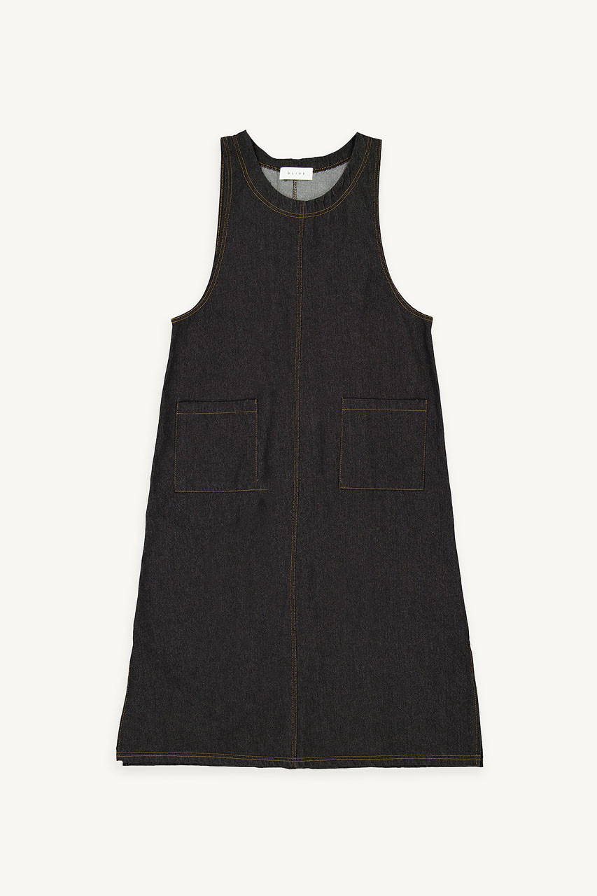 Tomo Denim Apron Dress, Black