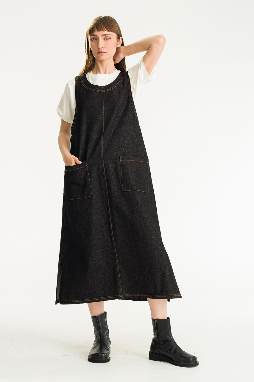 Tomo Denim Apron Dress, Black
