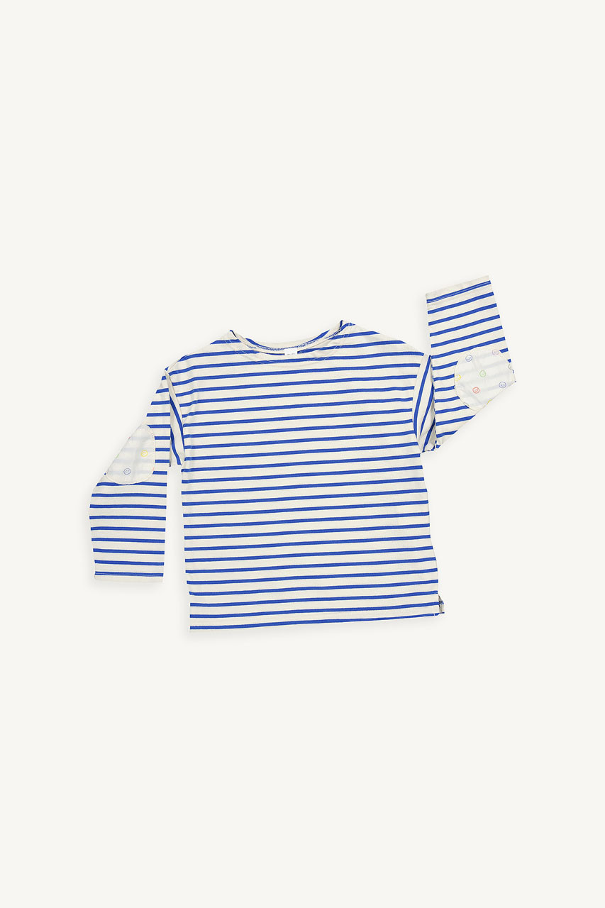 Mini Olive | Smile Patch Stripe Tee, Blue