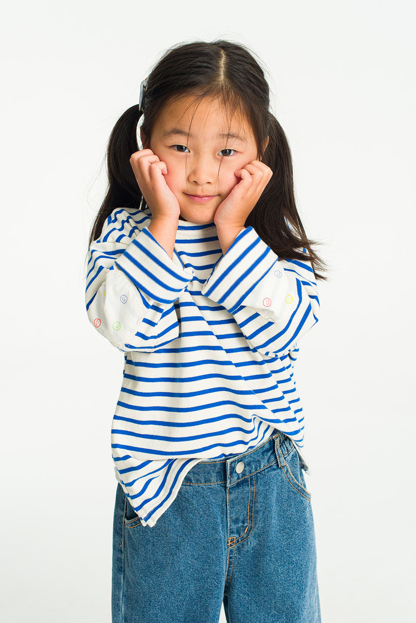 Mini Olive | Smile Patch Stripe Tee, Blue