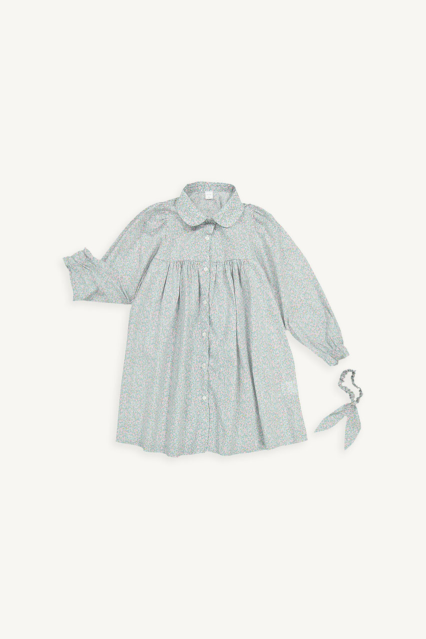 Mini Olive | Flower Shirt Dress With Hairband, Blue