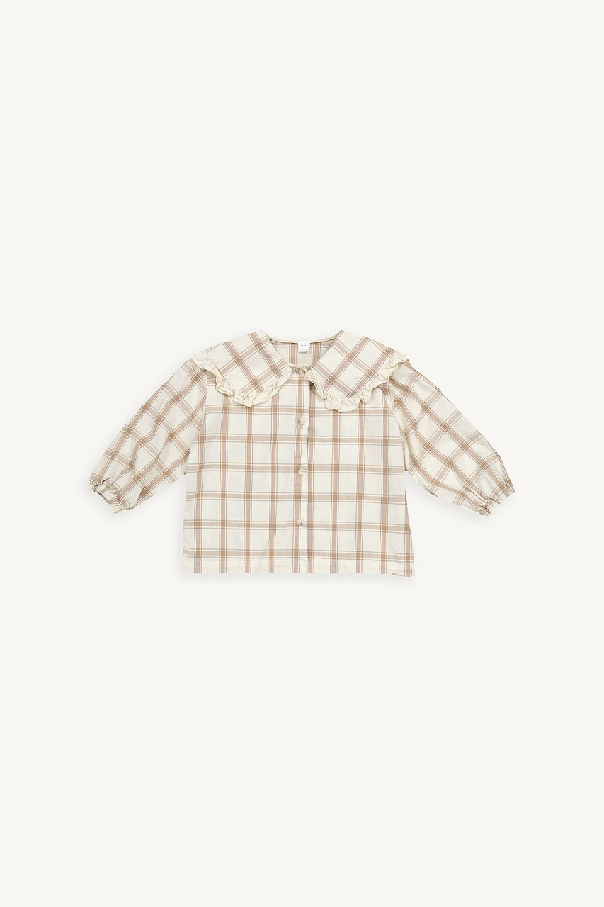 Mini Olive | Large Frill Collar Blouse, Beige Check