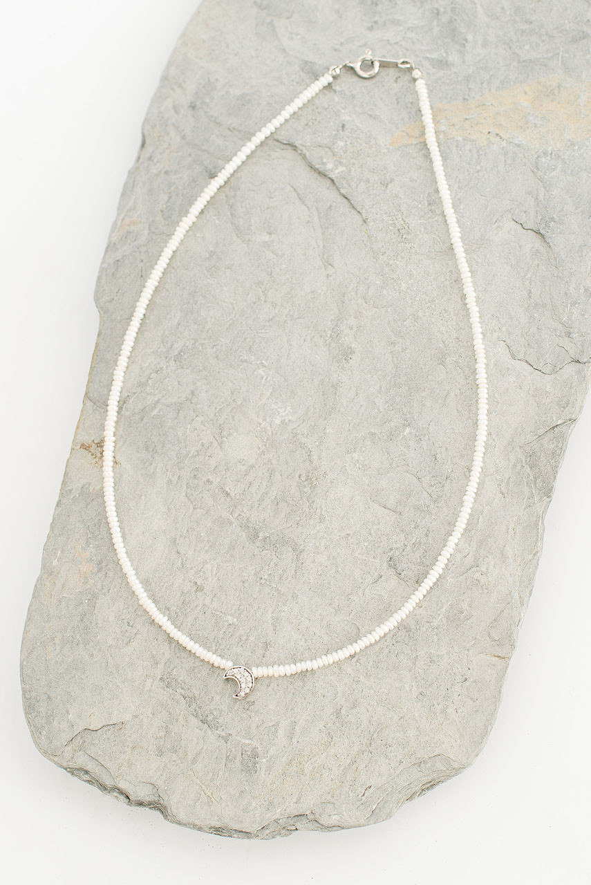 Tiny Pearl Chocker, Moon Pendant