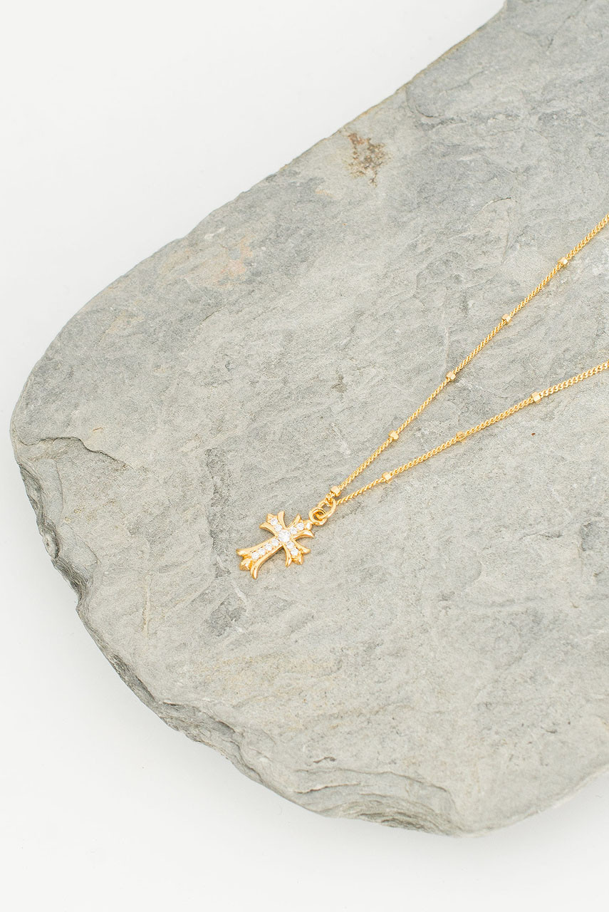Crystal Cross Pendant Drop Necklace, 14K Gold Plated