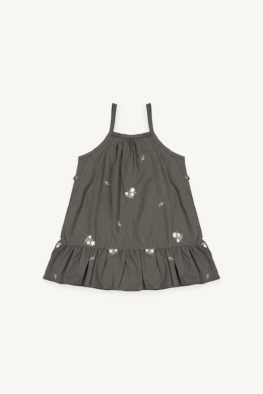 Mini Olive | Flower Embroidered Cami Dress, Charcoal