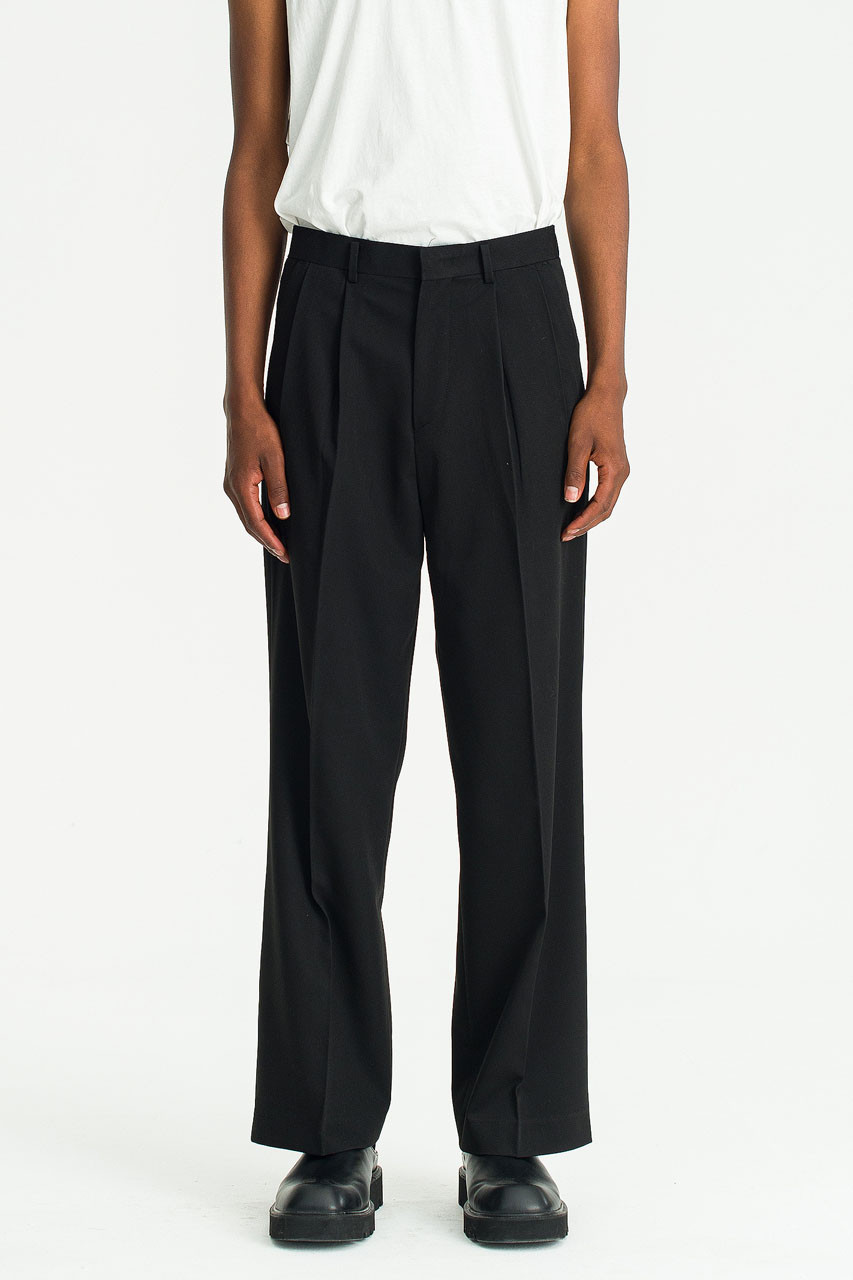 パンツ 2tuck black linen slacks pants 2Tuck Wide Wool Touch Slacks -black-