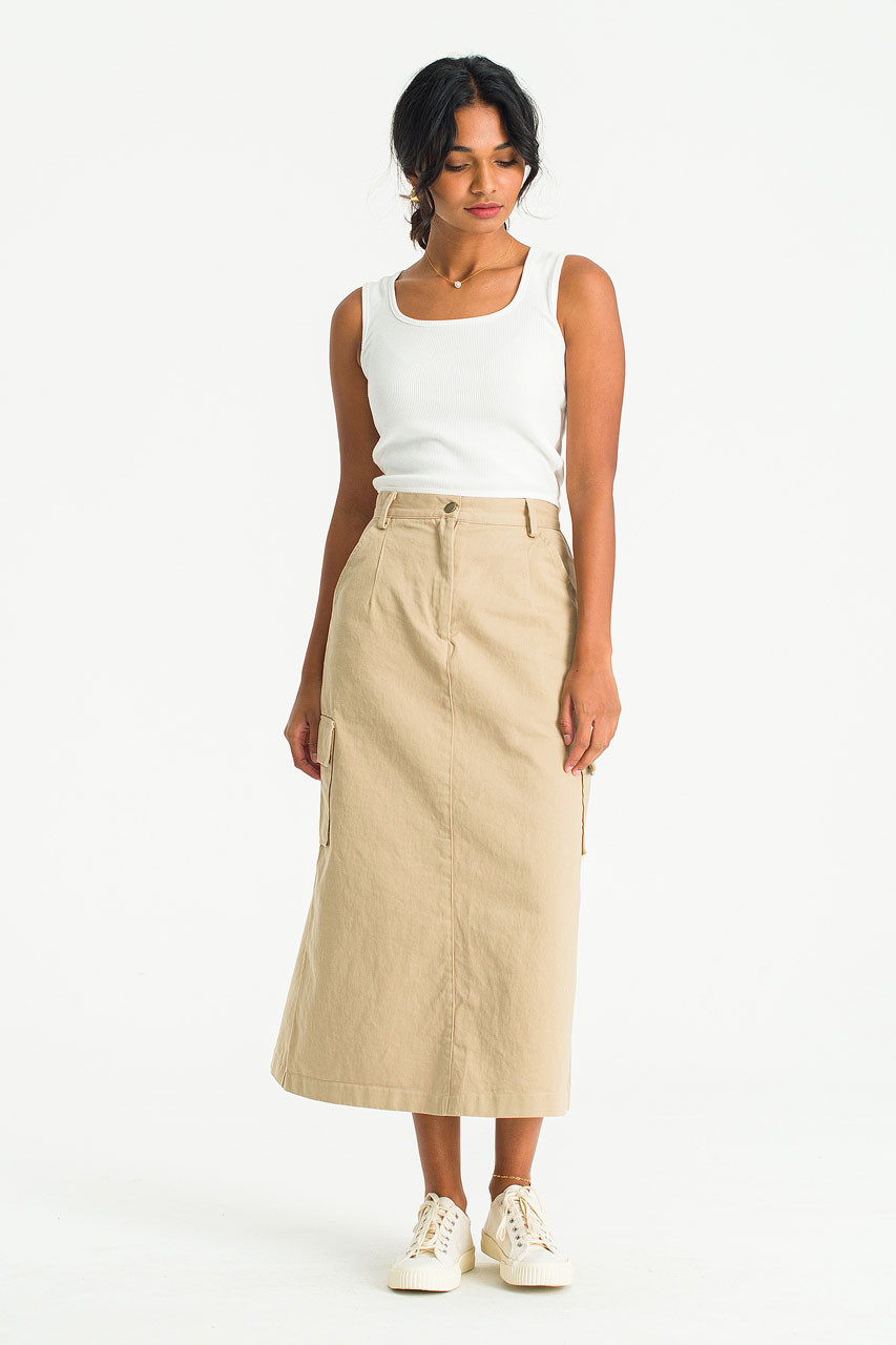 Washed Cotton Cargo Skirt, Beige