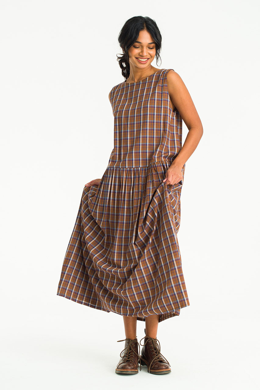 Mom Check Pinafore Dress, Brown