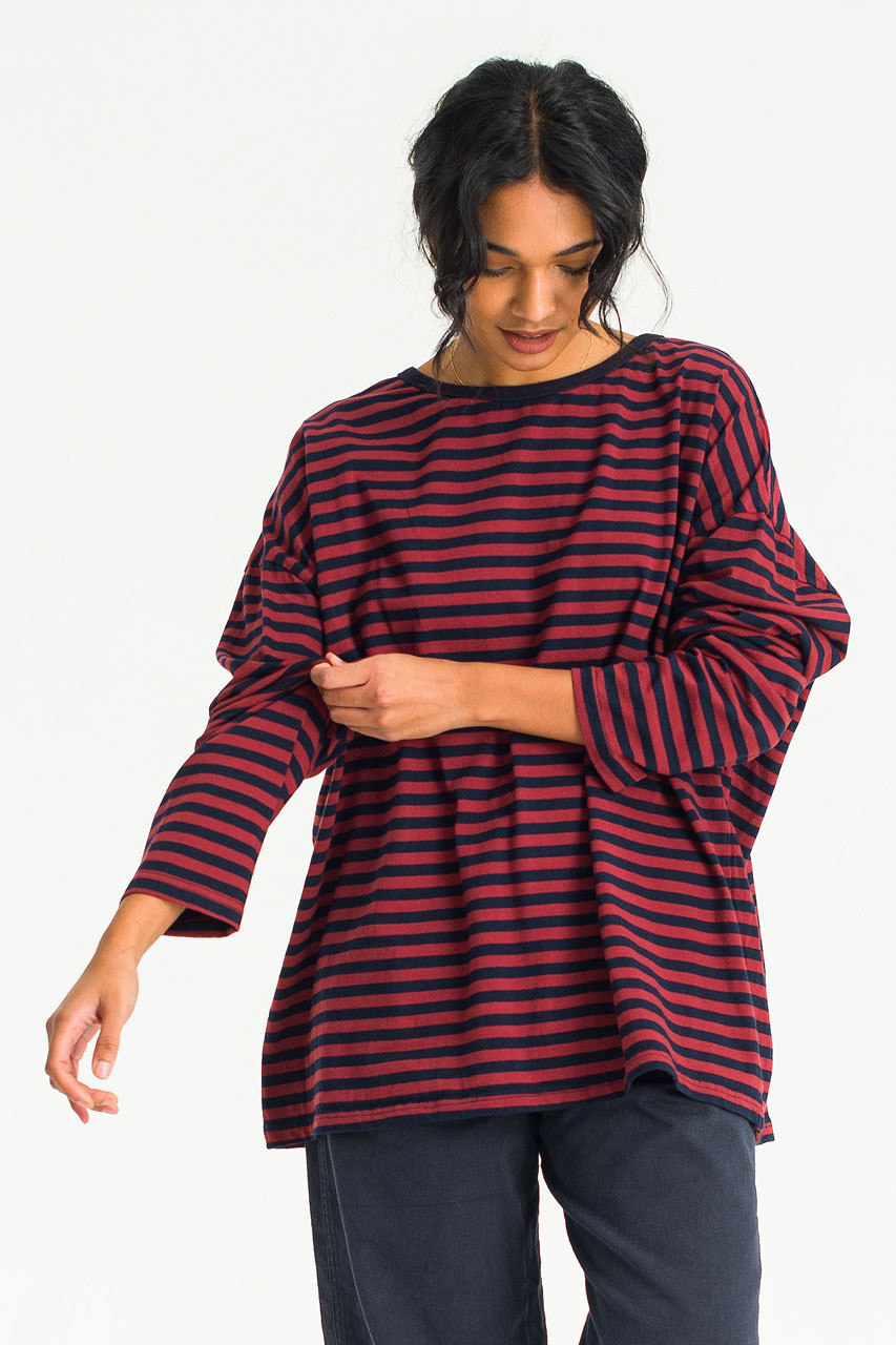 Aya Loose Stripe Tee, Burgundy