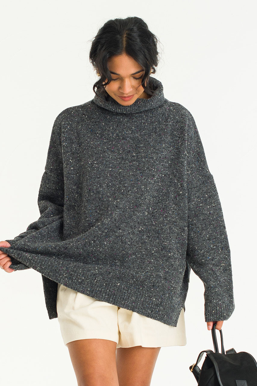 Oversize Boucle Roll Neck Jumper, Charcoal