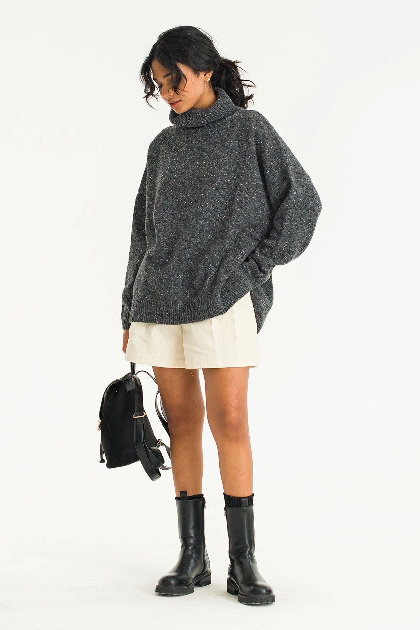 Oversize Boucle Roll Neck Jumper, Charcoal