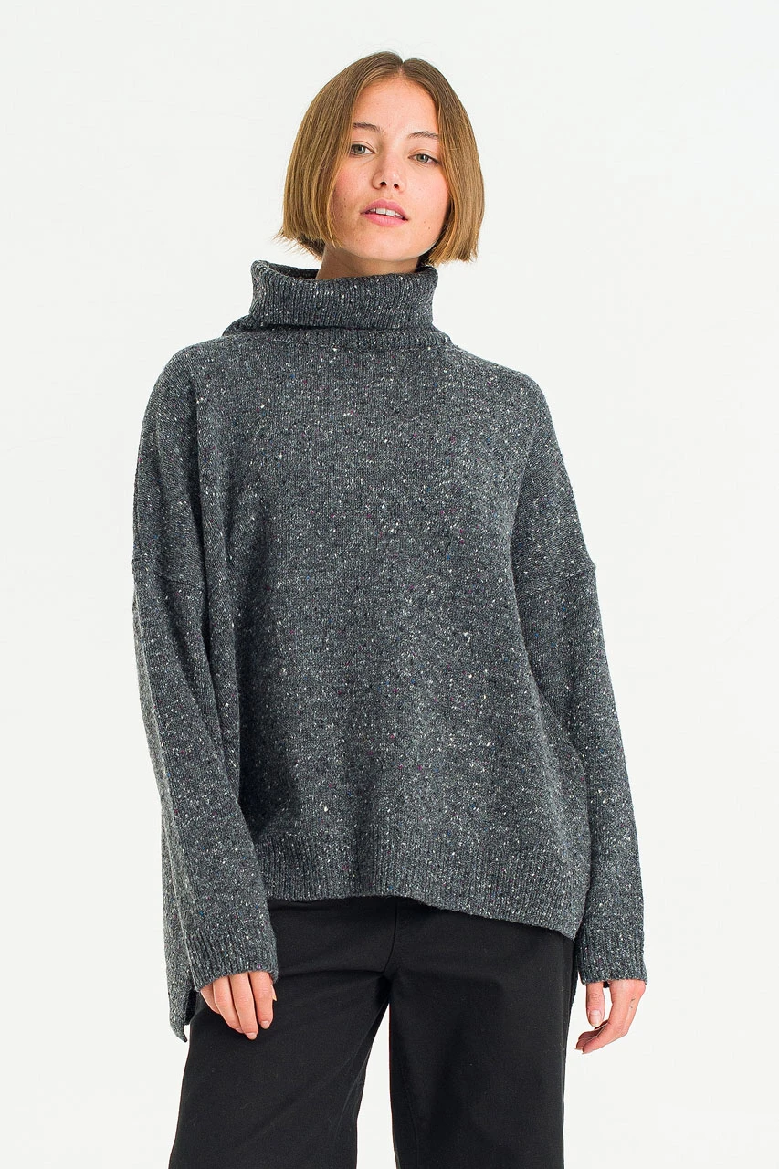 Oversize Boucle Roll Neck Jumper, Charcoal