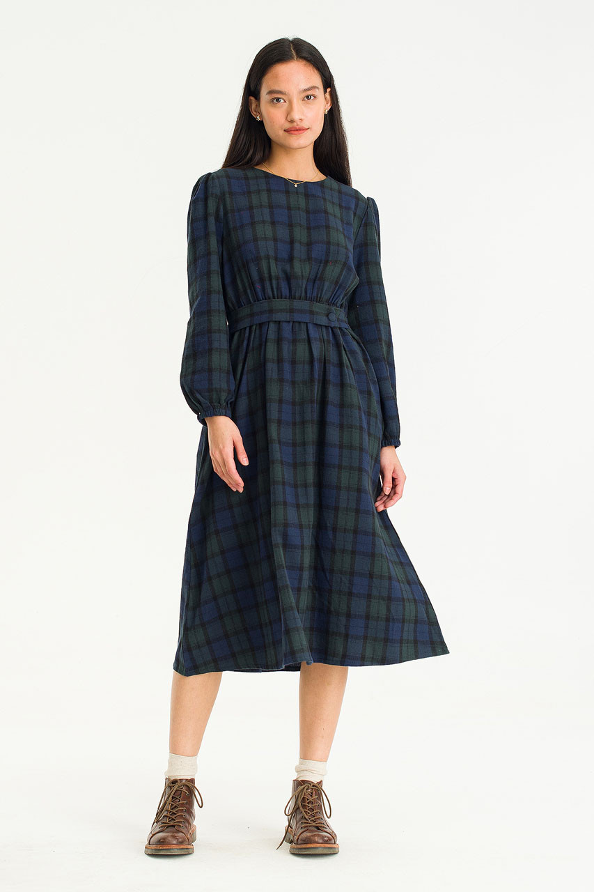 Nia Button Waist Check Dress, Green