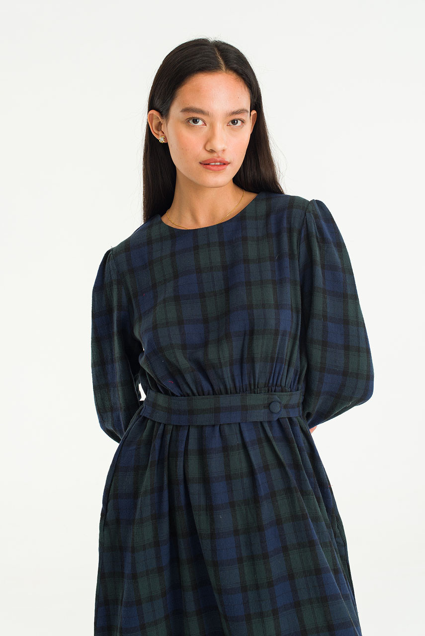 Nia Button Waist Check Dress, Green