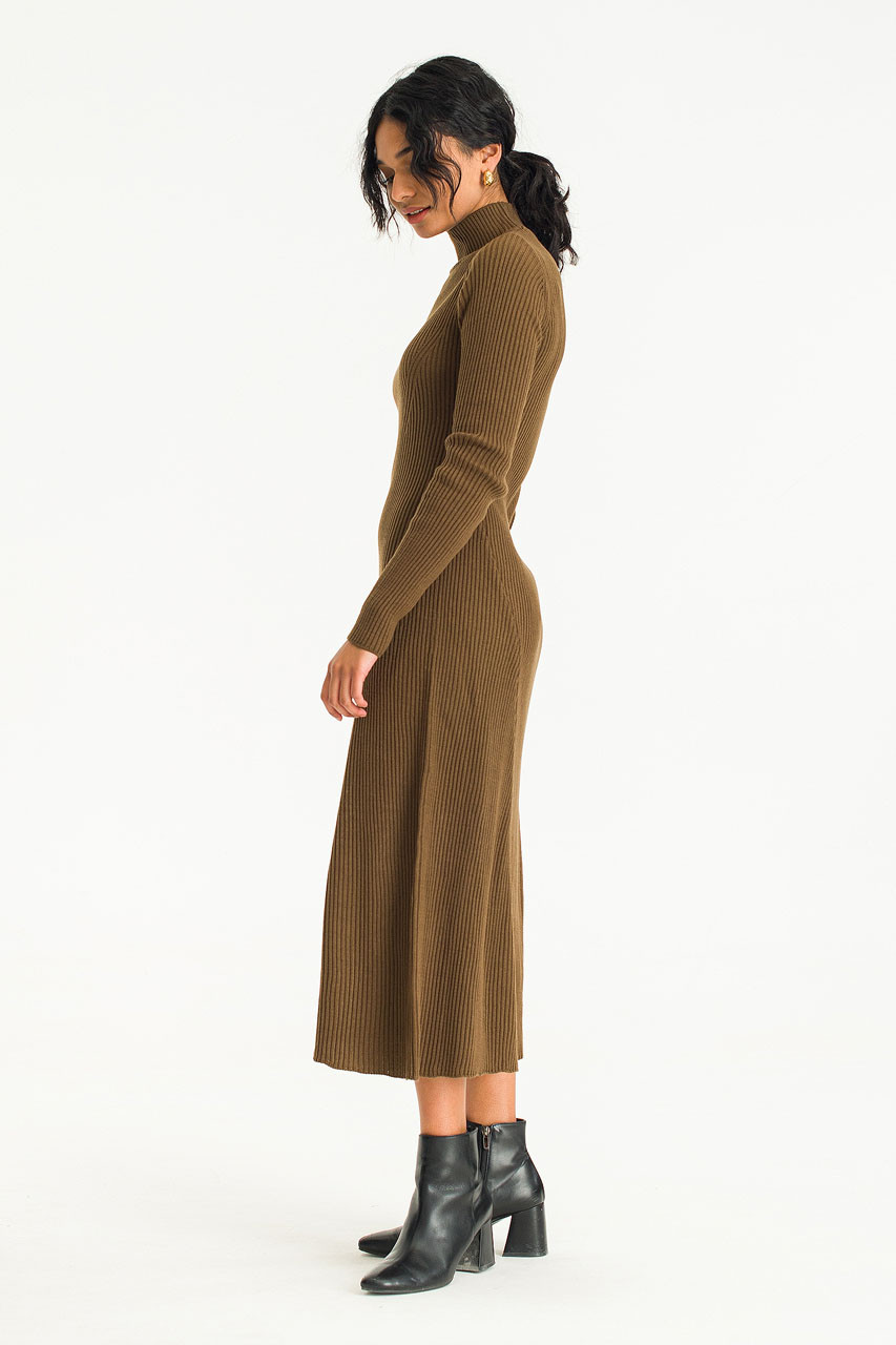 Collette Mock Neck Ribbed Dress, Brown
