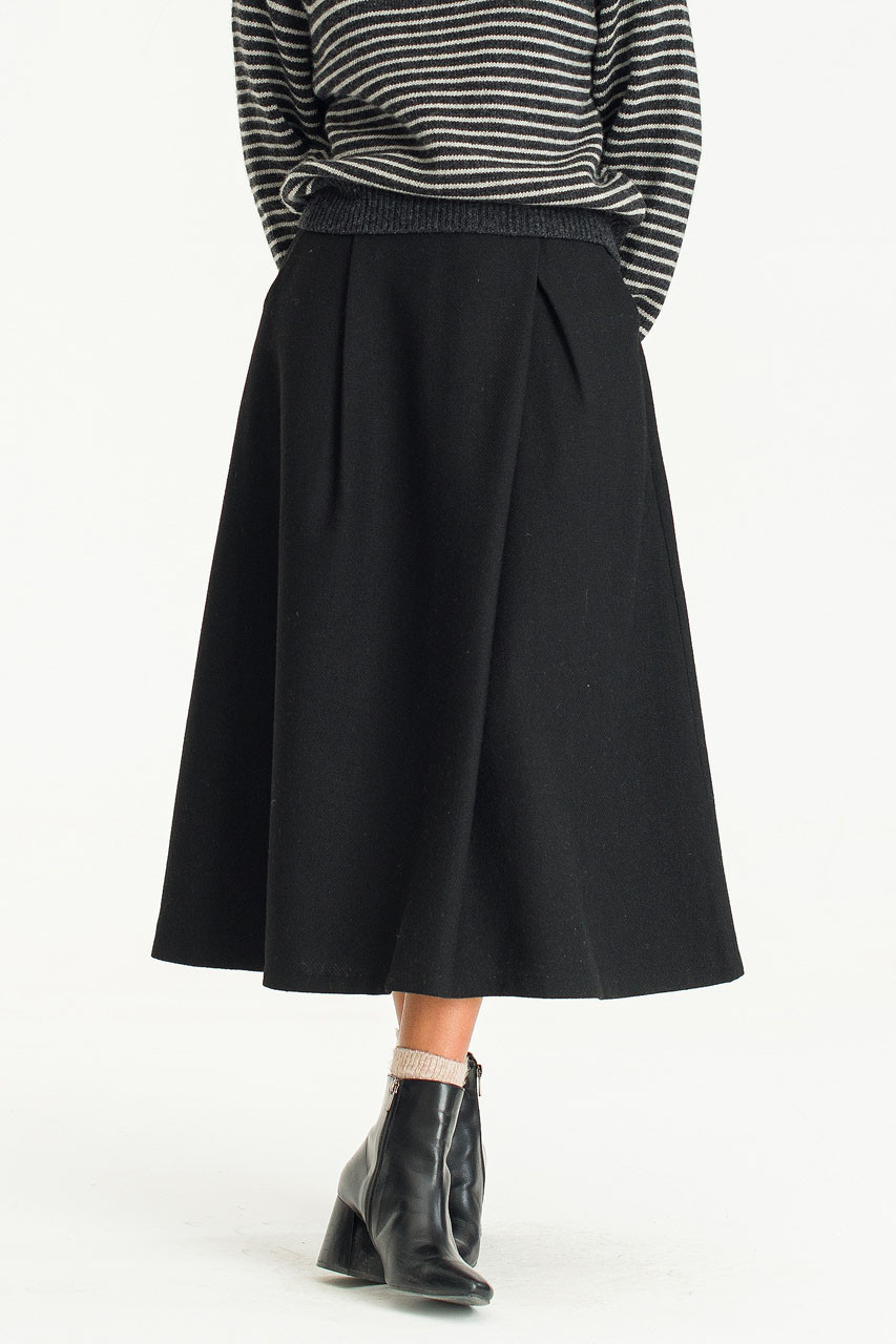 Hani Two Tuck Mid Length Skirt, Black