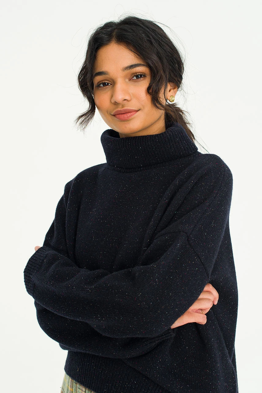 Oversize Boucle Roll Neck Jumper, Midnight Navy
