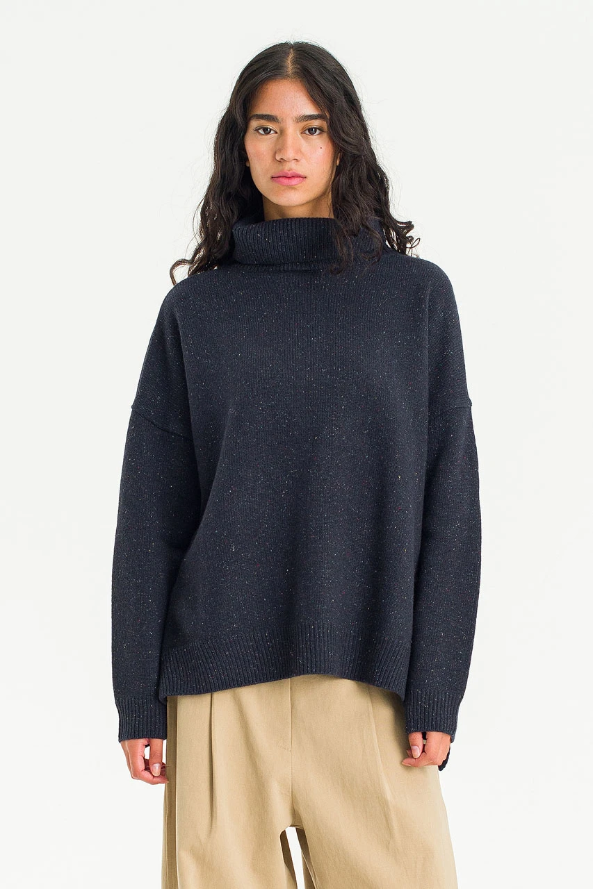 Oversize Boucle Roll Neck Jumper, Midnight Navy